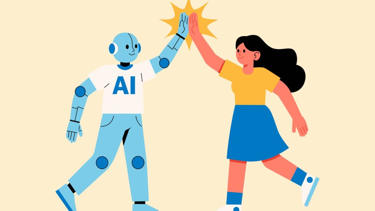 AI Robot and Woman High Five Illustration